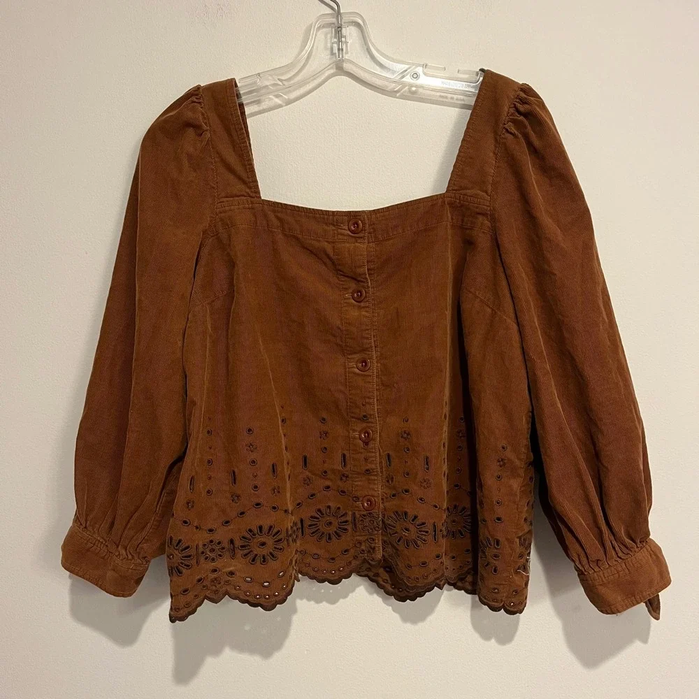 Madewell Shirt Embroidered Eyelet Corduroy Tie-Sleeve Top Brown Square Neck Med